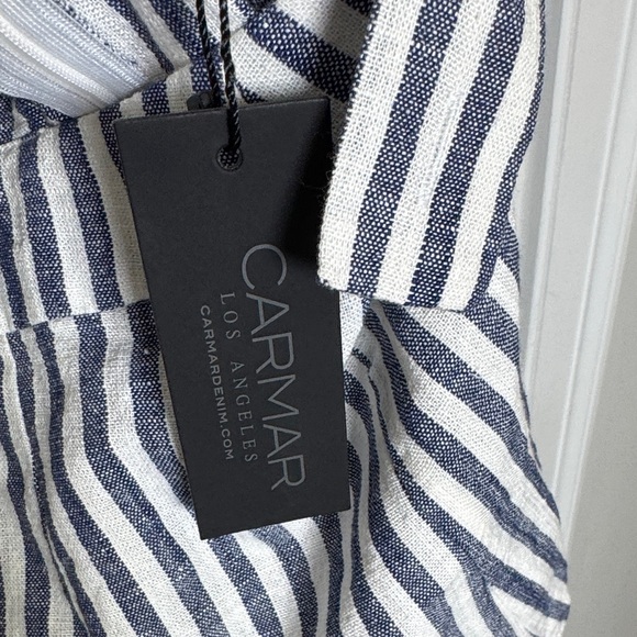 CARMAR Blue White Striped Overall Skirt Dress Linen Suspender Mini NWT 8 - Picture 3 of 10